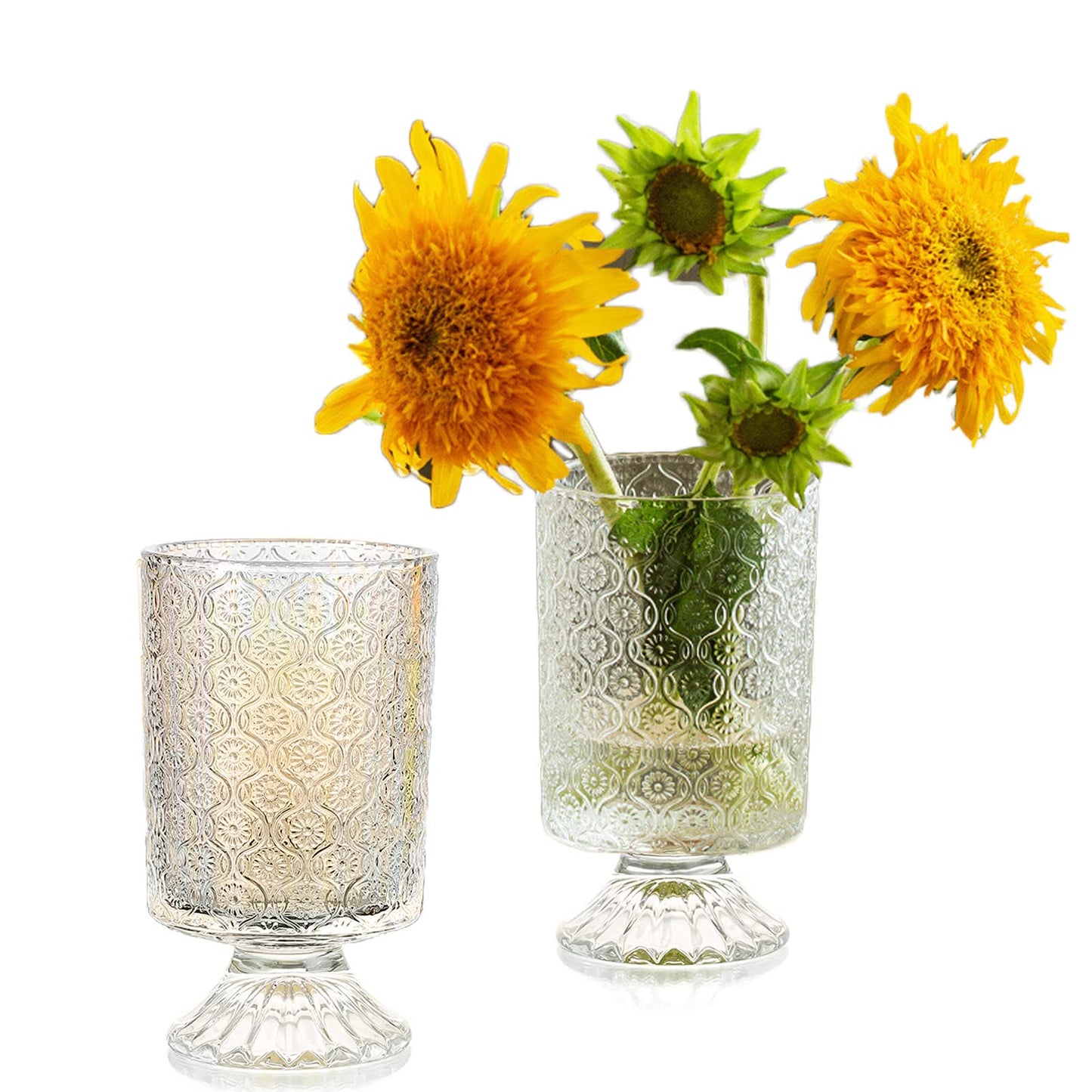 Large Clear Pedestal Vases for Centerpieces, Hewory 7.1in Crystal Glass Ribbed Footed Flower Vase, Fluted Wide Unique Decorative Vase for Wedding Birthday Anniversary Events Table Decor, Line
