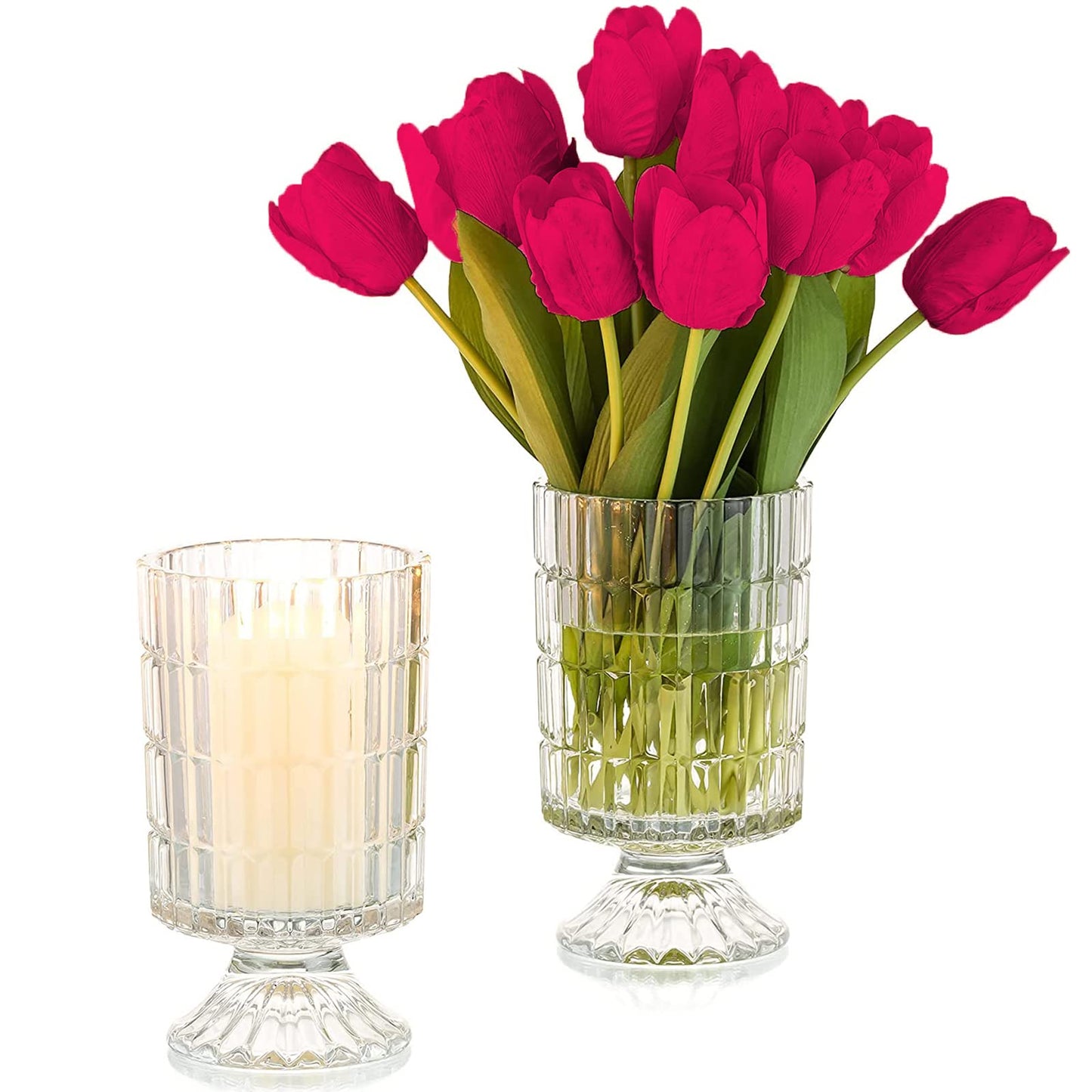 Large Clear Pedestal Vases for Centerpieces, Hewory 7.1in Crystal Glass Ribbed Footed Flower Vase, Fluted Wide Unique Decorative Vase for Wedding Birthday Anniversary Events Table Decor, Line