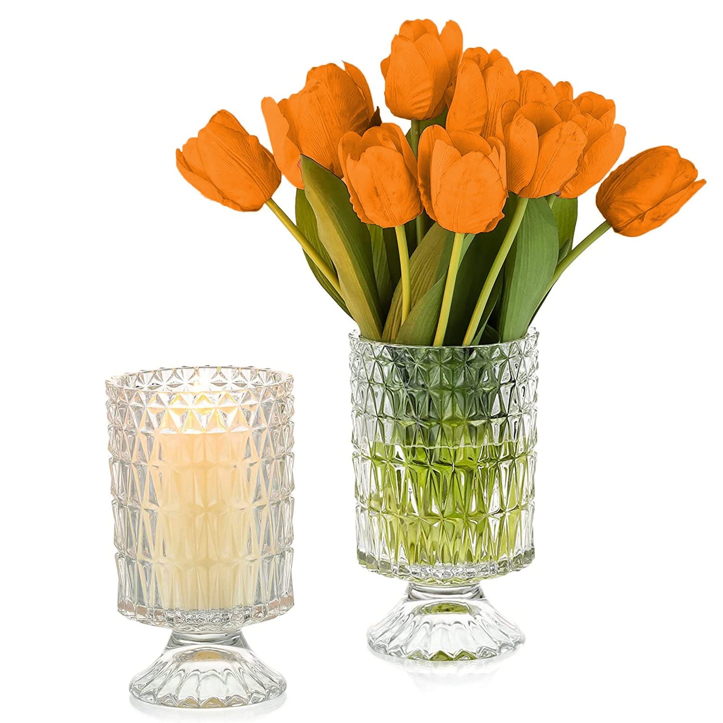 Large Clear Pedestal Vases for Centerpieces, Hewory 7.1in Crystal Glass Ribbed Footed Flower Vase, Fluted Wide Unique Decorative Vase for Wedding Birthday Anniversary Events Table Decor, Line
