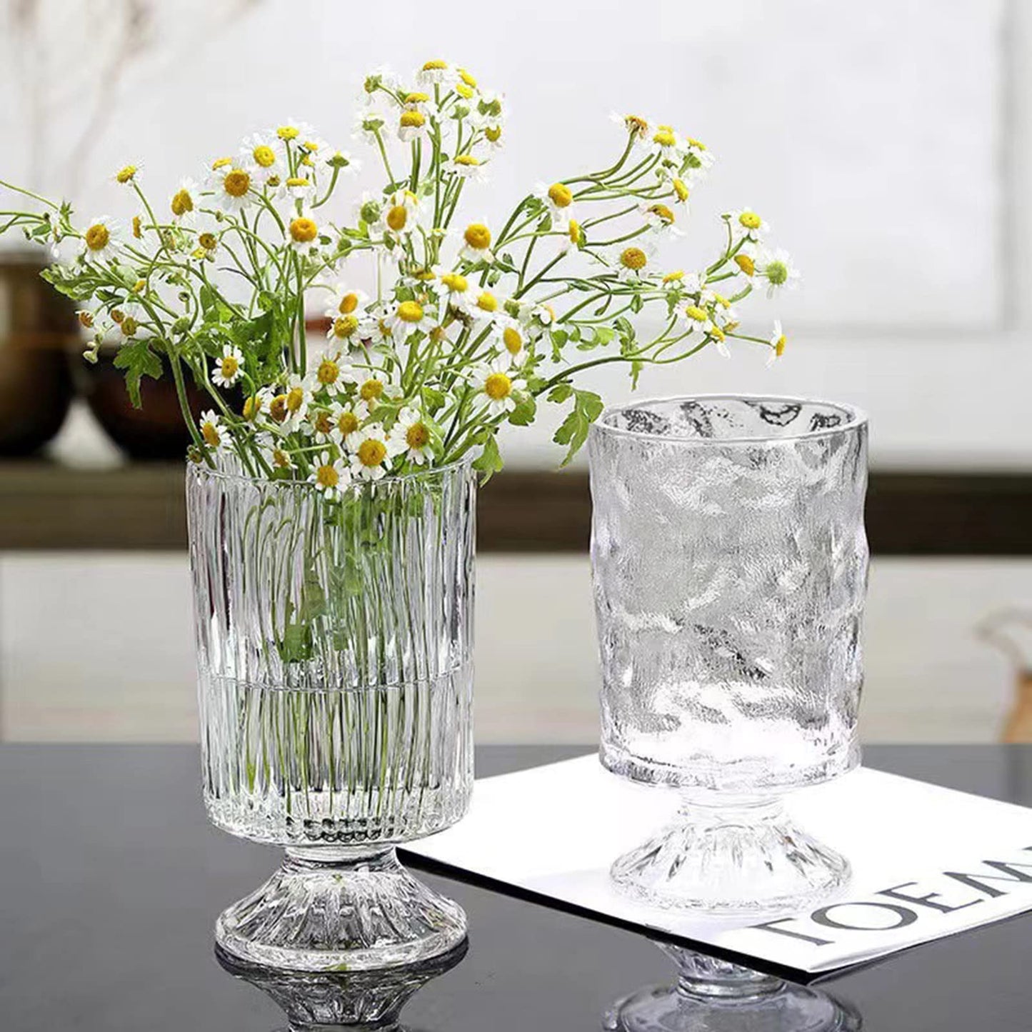 Large Clear Pedestal Vases for Centerpieces, Hewory 7.1in Crystal Glass Ribbed Footed Flower Vase, Fluted Wide Unique Decorative Vase for Wedding Birthday Anniversary Events Table Decor, Line