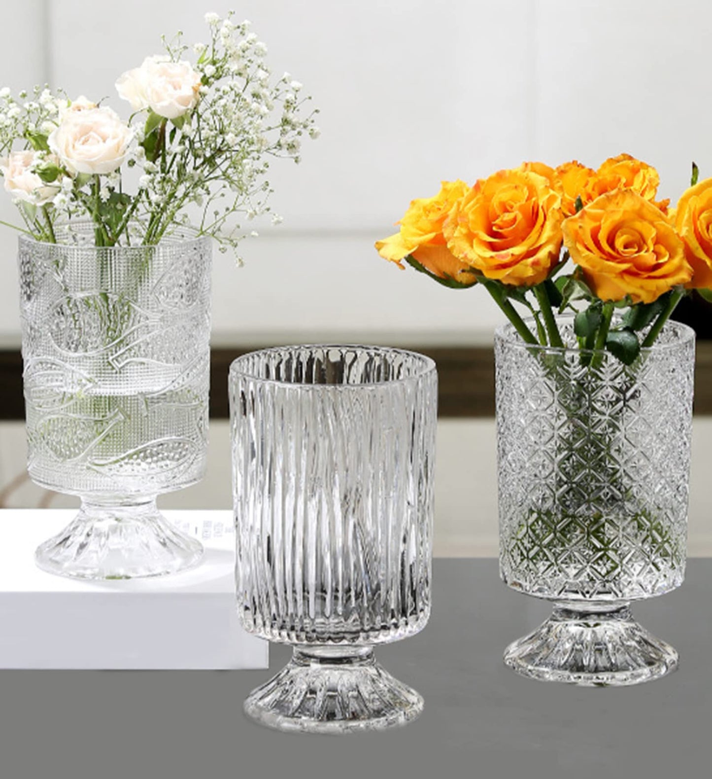 Large Clear Pedestal Vases for Centerpieces, Hewory 7.1in Crystal Glass Ribbed Footed Flower Vase, Fluted Wide Unique Decorative Vase for Wedding Birthday Anniversary Events Table Decor, Line