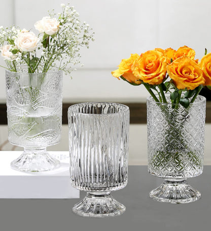 Large Clear Pedestal Vases for Centerpieces, Hewory 7.1in Crystal Glass Ribbed Footed Flower Vase, Fluted Wide Unique Decorative Vase for Wedding Birthday Anniversary Events Table Decor, Line