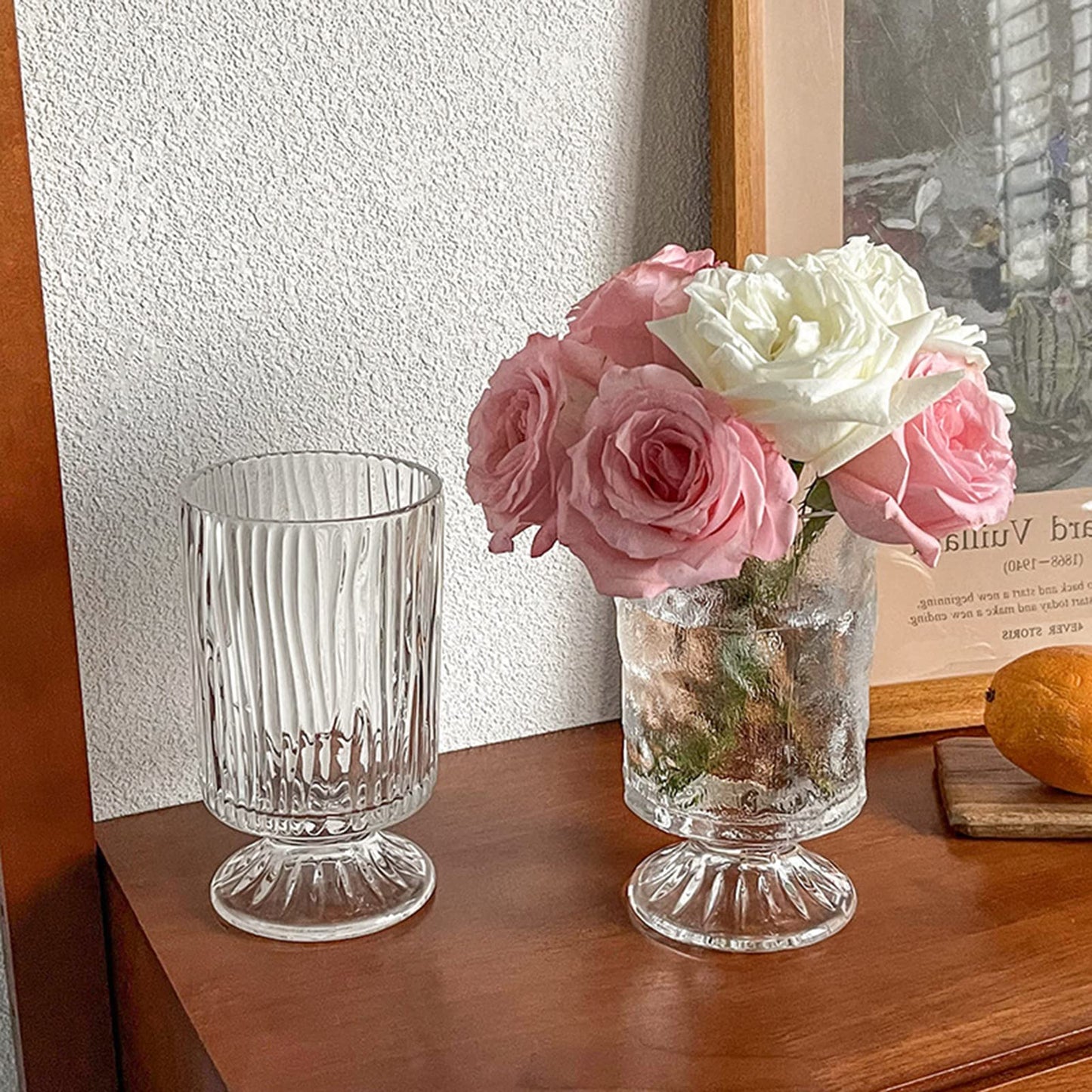 Large Clear Pedestal Vases for Centerpieces, Hewory 7.1in Crystal Glass Ribbed Footed Flower Vase, Fluted Wide Unique Decorative Vase for Wedding Birthday Anniversary Events Table Decor, Line