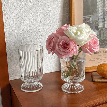 Large Clear Pedestal Vases for Centerpieces, Hewory 7.1in Crystal Glass Ribbed Footed Flower Vase, Fluted Wide Unique Decorative Vase for Wedding Birthday Anniversary Events Table Decor, Line