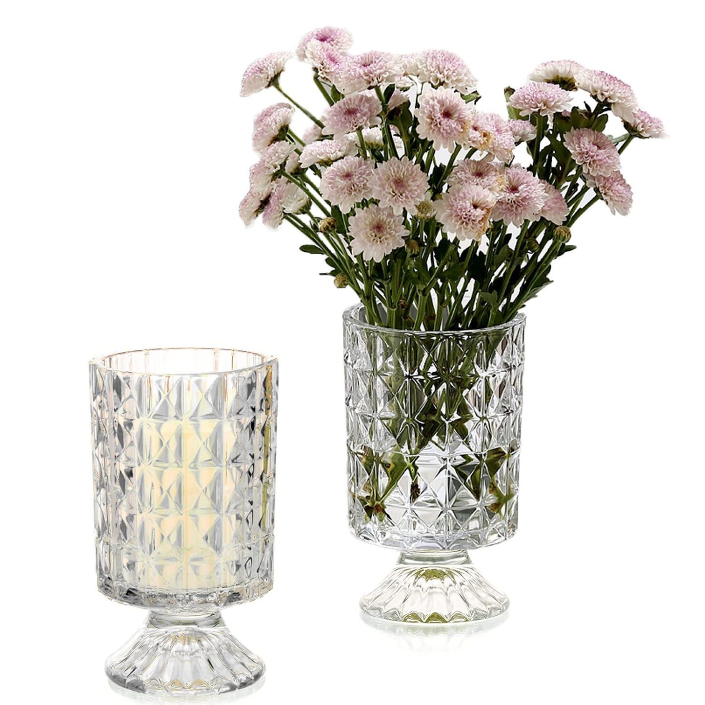 Large Clear Pedestal Vases for Centerpieces, Hewory 7.1in Crystal Glass Ribbed Footed Flower Vase, Fluted Wide Unique Decorative Vase for Wedding Birthday Anniversary Events Table Decor, Line